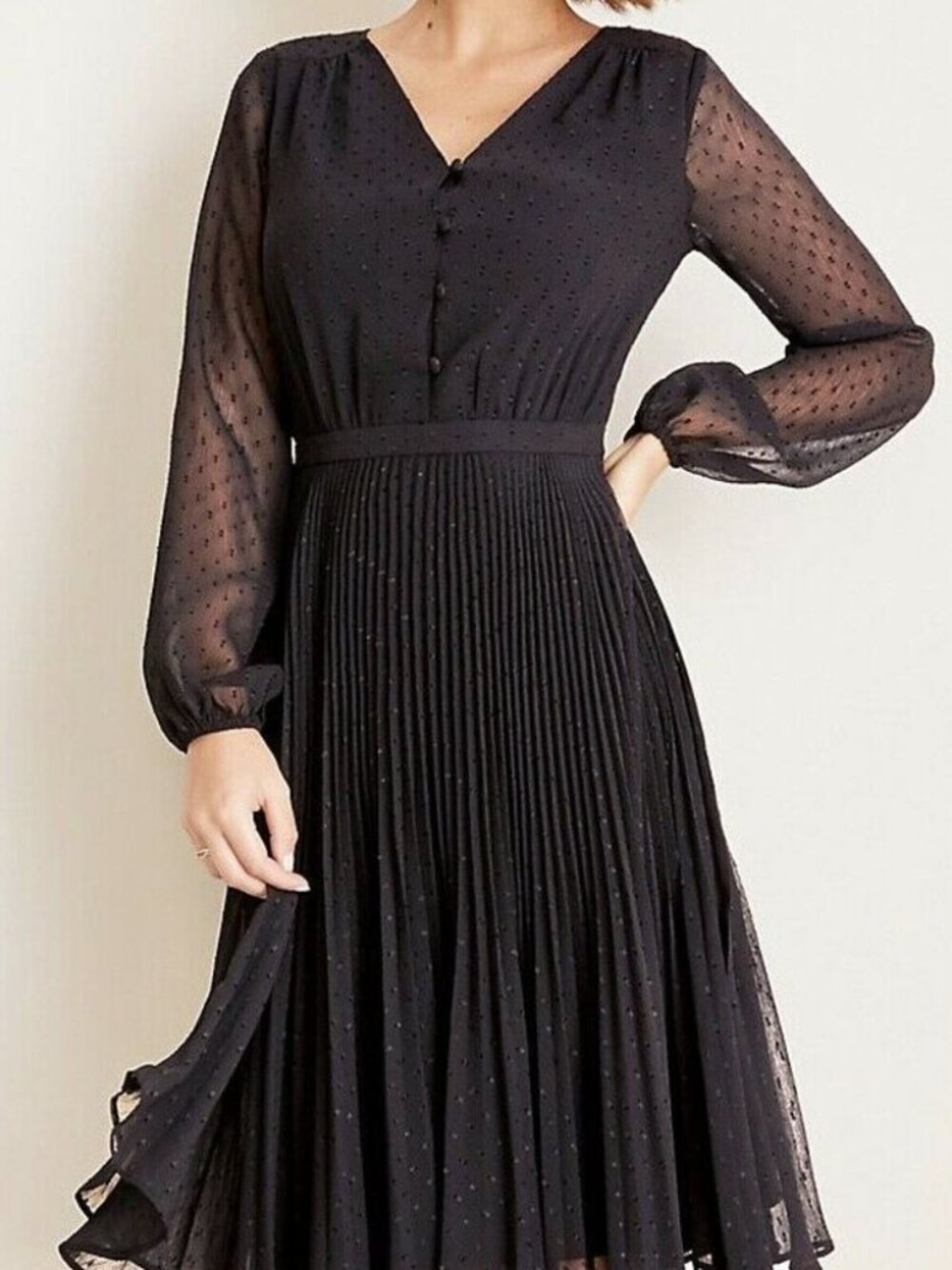 Ann Taylor Black Clip Dot Pleated Flare Dress 0P